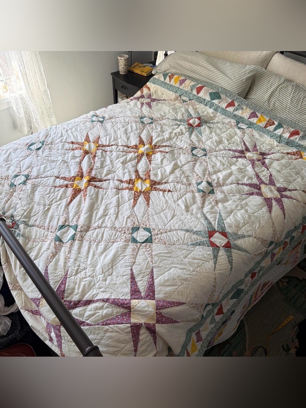 Vintage Handmade Star Floral Starburst Multicolor Patchwork Quilt Blanket OOAK